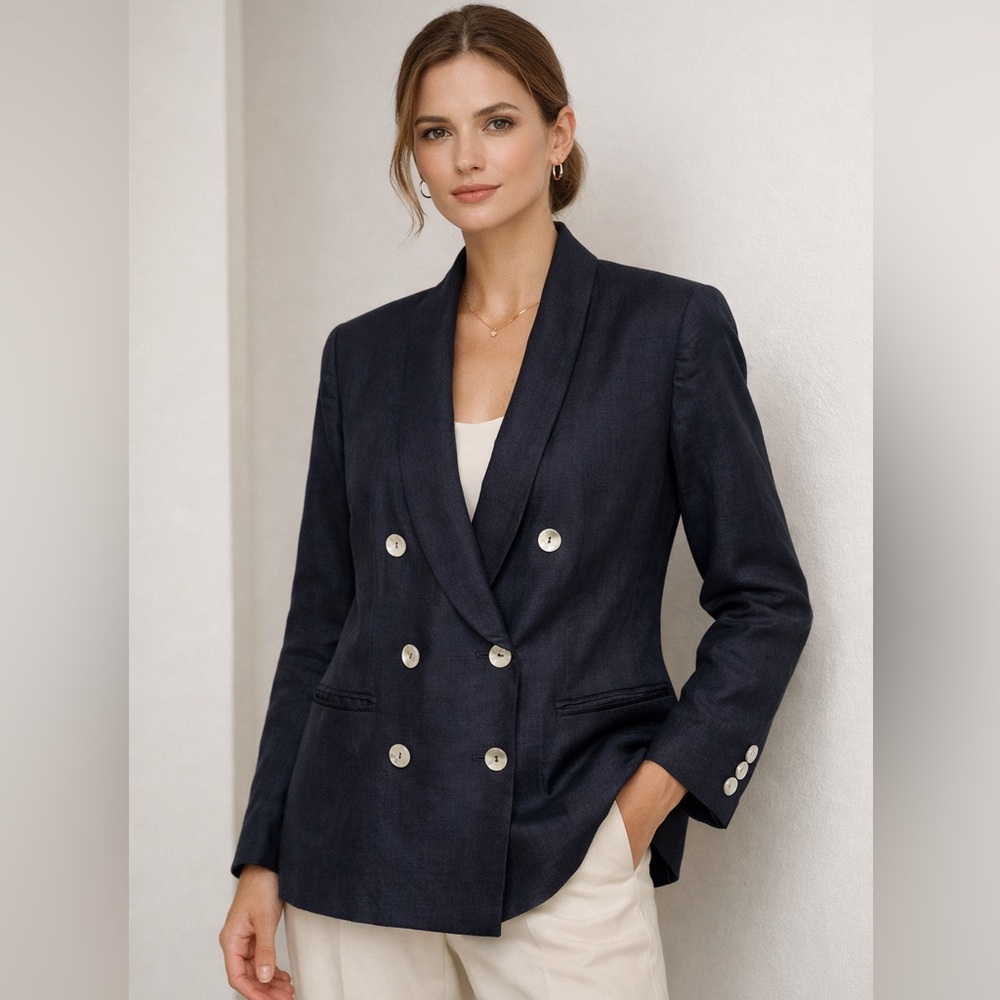 Valerie Stevens Double Breasted Linen Blazer Navy Size 10 P 100% Linen Preppy